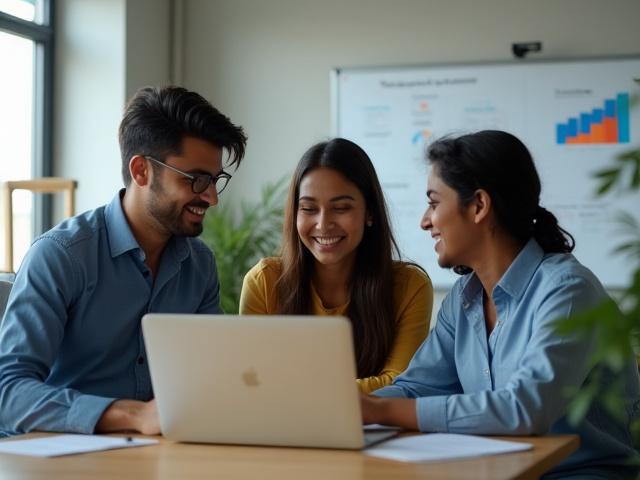 युवा उद्यमी लैपटॉप पर चर्चा कर रहे हैं